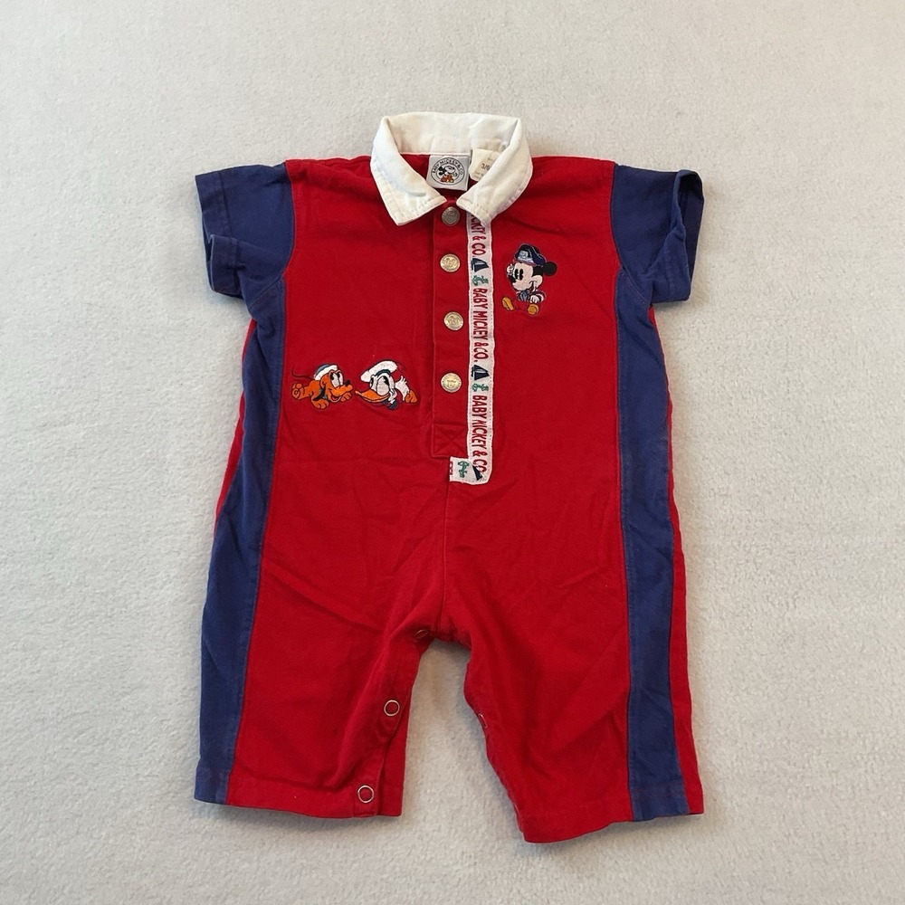 Baby Mickey Co Romper 3/6 Month VTG Disney 90s Red Knit Embroidered Pluto Donald